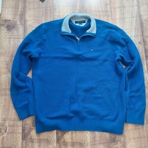 Men's Blue Sweater with Gray Collar 1/4 Quarter Zip XL L